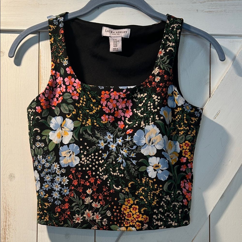 Laura Ashley Black Floral Cropped Tank with Built In Bra Colorful XS Activewear